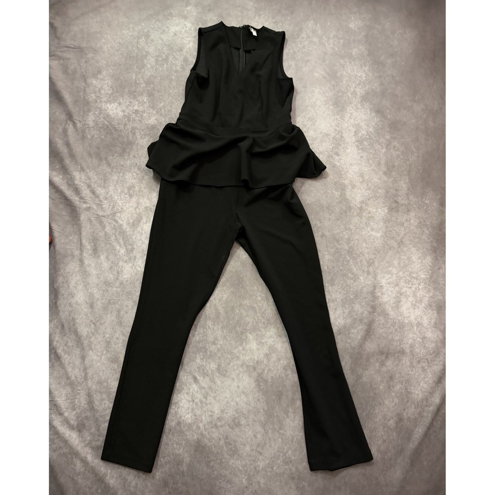 Sperse Black Sleeveless Peplum Jumpsuit | V-Neck Zip Back Slim Fit Pants Suit